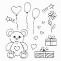 Gift teddy bear balloons boxes hearts and a flower. Hand Drawn outline Valentines Day or Birthday set. Coloring page. Stock vector Royalty Free Stock Photo