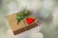 Gift tied with green twine, pine branch on gray background, bokeh, top view, space for text