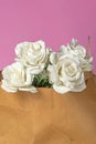 gift for Valentine\'s Day is a bouquet of beautiful white roses in a paper bag on a pink background Royalty Free Stock Photo