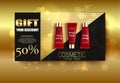 Gift vaucher cosmetics. Discount poster. Package design template. Ads realistic illustration 3d.