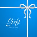 Gift. Vector Card. Narrow Long White Bow on Blue Royalty Free Stock Photo