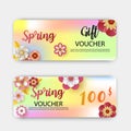 Spring sale gift vouchers discount. With leaf and colorful flowers design. Paper cut art style on white background. Royalty Free Stock Photo