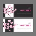 Gift voucher card. Discount coupon template. Certificate with blooming sakura branches. Floral invitation tag Royalty Free Stock Photo