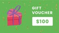 Gift voucher card vector color template. Holiday certificate, Birthday coupon with isometric gift box on green Royalty Free Stock Photo