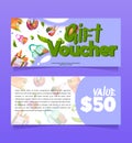 Gift voucher, certificate with grocery in eco bags Royalty Free Stock Photo