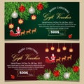 Gift voucher for Christmas sale. Vector illustration with realistic gift boxes Santa Claus and Christmas balls