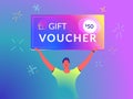 Gift voucher concept vector illustration of young man holds over his head big brilliant coupon card like a winner Royalty Free Stock Photo