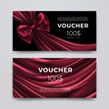 Gift voucher design template. Set of premium promotional card with realistic dark red bow and silk isolated on black