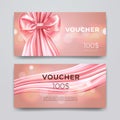 Gift voucher design template. Set of premium promotional card with realistic pink bow and silk isolated on bokeh