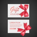 Gift Voucher template with red bow, ribbons. Design usable for gift coupon, voucher, invitation, certificate, etc. Vector eps 10 Royalty Free Stock Photo