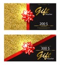 Gift voucher Vector realistic. Golden glitter card with red bow detailed 3d illustrations Royalty Free Stock Photo