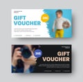 Gift voucher vector template, with brush stroke element, certificate creative design on white, black background, with photo. Set Royalty Free Stock Photo