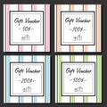 Gift vouchers design template with striped background and gift boxes line icons