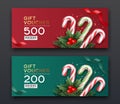 Gift vouchers merry christmas candy stick cane red and green and red and green ribbon, collections concept design background