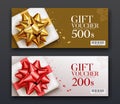Gift vouchers white gift box, golden and red ribbon, collections concept design black background Royalty Free Stock Photo