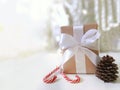 Gift with white bowknot, sweets candies, pine cone on bright winter background