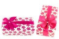 Gift white boxs with pink satin ribbon isolated on white background. Collage. Free space for text