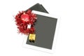 Gift white tablet with Christmas ball, box and red chain Royalty Free Stock Photo