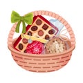 Gift Wicker Basket with Chocolate Sweets and Christmas Ball Vector Illustration