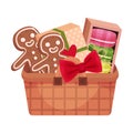 Gift Wicker Basket with Macaroons and Gingerbread Vector Illustration