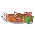 With gift wooden boat sail at sea character Royalty Free Stock Photo