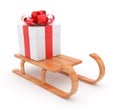 Gift on wooden sled. Christmas concept. 3D Royalty Free Stock Photo