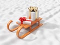 Gift on wooden sled, going on snow. Christmas 3D Royalty Free Stock Photo
