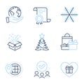 Gift, World travel and Snowflake icons set. Romantic gift, Shopping and Christmas tree signs. Vector