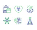 Gift, World travel and Snowflake icons set. Romantic gift, Shopping and Christmas tree signs. Vector