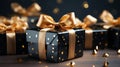 Gift wrap. Black and yellow box with a bow on a plain background Royalty Free Stock Photo