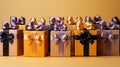 Gift wrap. Black and yellow box with a bow on a plain background Royalty Free Stock Photo