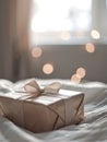 A gift wrapped in a bed with lights in the background. Generative AI Royalty Free Stock Photo