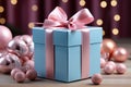 Gift wrapped in blue paper and pink ribbon with Christmas balls on bokeh background. Royalty Free Stock Photo