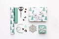 Gift wrapping composition. Nordic christmas gifts isolated on white background. Turquoise colored wrapped gift boxes.