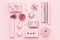 Gift wrapping. Pink nordic christmas gifts isolated on pastel pink background. Wrapped xmas boxes. Royalty Free Stock Photo