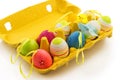 Gift yellow box with decorative easter eggs and chicken