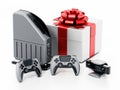 Giftbox standing next to generic video game console controllers and camera. 3D illustration