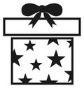 Giftbox in star wrapping paper. Present black icon