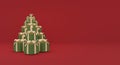 3d rendering green gift boxes stack up in Christmas tree shape with red background and copy space