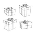 Gift boxes. Set. Vector line art. Realistic gift box, with a bow, isolated on a transparent background. Cube-shaped box Royalty Free Stock Photo