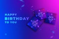 Gifts with blue and pink neon hues and Happy Birthday