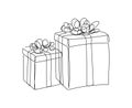 Gifts boxes with bows one line art. Continuous line drawing of new year holidays, christmas, celebration, packaging