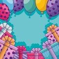 gifts boxes presents with balloons air frame Royalty Free Stock Photo