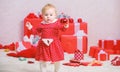 Gifts for child first christmas. Things to do with toddlers at christmas. Little baby girl play near pile of gift boxes