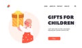 Gifts for Children Landing Page Template. Baby Happiness, Enjoyment, Little Kid with Gift in Hands, Happy Joyful Toddler Royalty Free Stock Photo