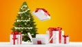 Gifts for Christmas with opened christmas present and fir tree and snow front of intense colors background 3d-illustration