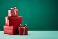 Gifts. Christmas presents.red colors. Red paper green background. Generative AI Royalty Free Stock Photo