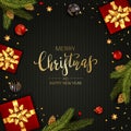 Gifts and Christmas Tree Branches on Black Knitted Background