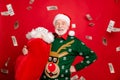 Gifts debit credit bank. Portrait of grey white hair beard old man pensioner retired rich santa claus hold bag finance Royalty Free Stock Photo