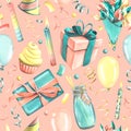 Gifts, delicious drinks, cupcake, flowers, balloons and confetti, candles for cake. Watercolor illustration. Seamless